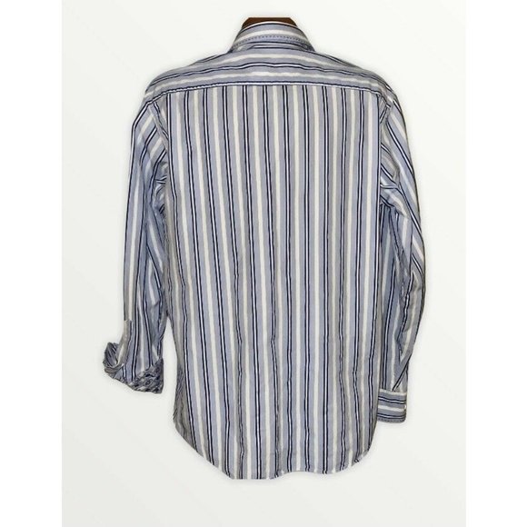 Bugatchi Uomo Flip Cuff Shirt Sz L Mens Blue  White Stripe Circles L/S - Picture 3 of 6